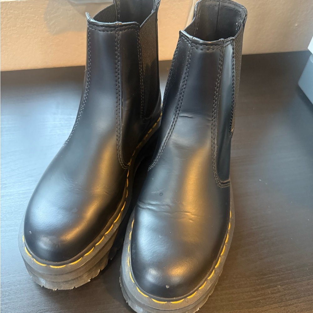 Dr. Martens Black Platform Boots with Yellow Stitching